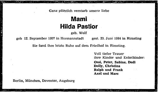 Wolf Hilda 1907-1984 Todesanzeige